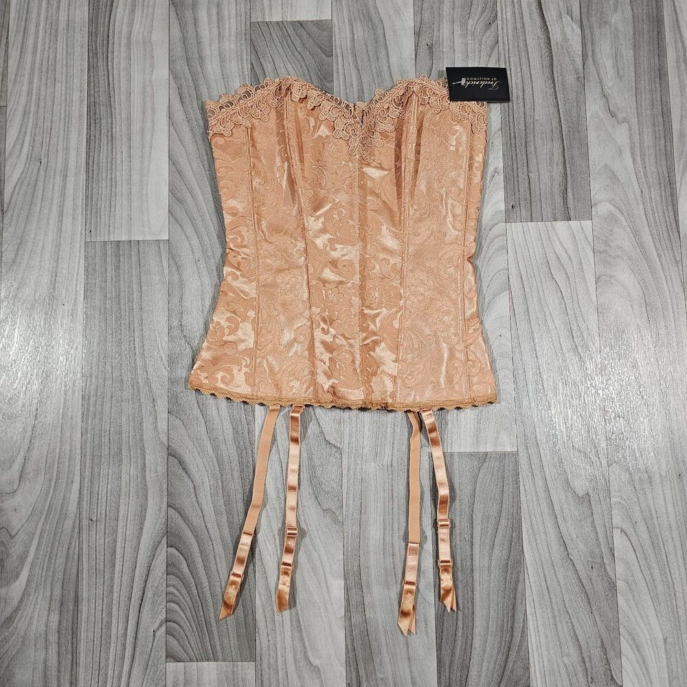 Frederick's of Hollywood Beige Caramel Jacquard Corset Top with Garter Straps